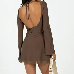 Women’s Solid Color Mini Double-Layer Mesh Dress with Long Sleeves, Open Back, and Tying Detail — Perfect for Daily Wear, Parties, and Clubs