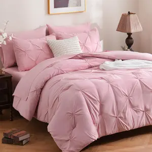 7 count Pink  Comforter Set, Pintuck Bed in A Bag , Pinch Pleat Bed Set, All Season Bedding Sets with Comforter, Flat Sheet, Fitted Sheet, Pillowcases & Shams