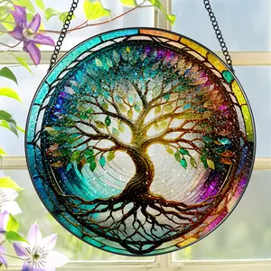 Stained Glass Window Hanging, 8'' Tree of Life Suncatcher, Stained Glass Ornament, Suncatchers for Windows Hanging, Window Decor, Outdoor or Indoor, Gifts for Mom, Grandma, Wife, Family