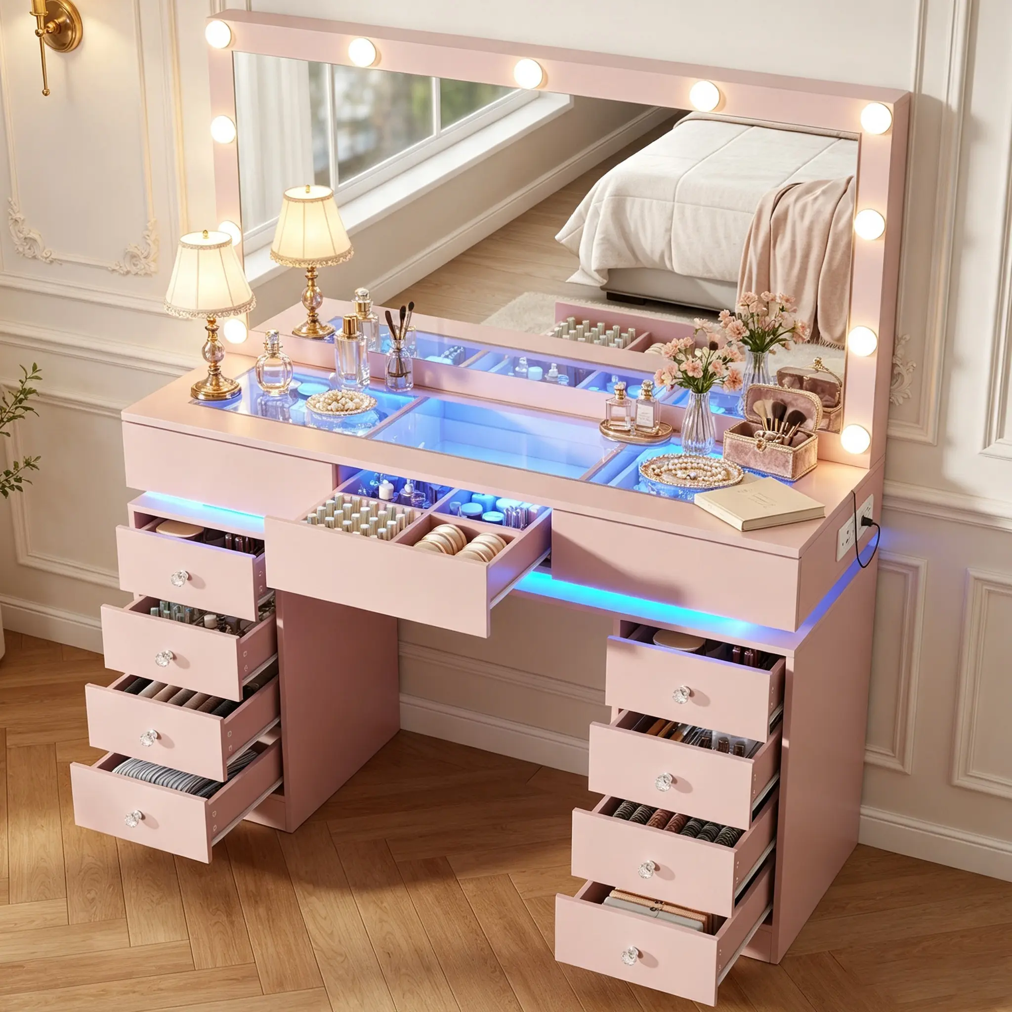 47" Luxury Vanity Desk with Mirror and Lights, Modern Makeup Table with Glass Top, Large Vanity with Charging Station & Divided Drawer Storage, 11 Drawers Dressing Vanity for Bedroom