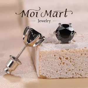 MOI MART  Black Round-Cut Synthetic Moissanite Stud Earrings in 925 Silver, Hypoallergenic Jewelry for Woman Men Hip Pop Gift, fathersdaygifts Gift
