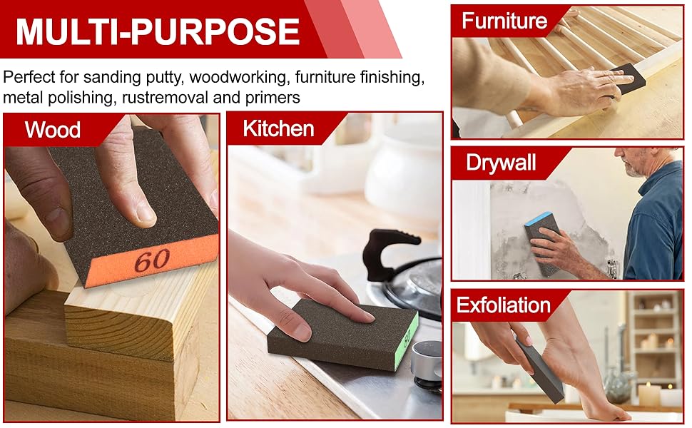 8 Pack Sanding Sponge, Washable and Reusable Sanding Blocks for Drywall Wood Metal Furniture, 60/80/120/220 Grit Sandpaper Block Assortment