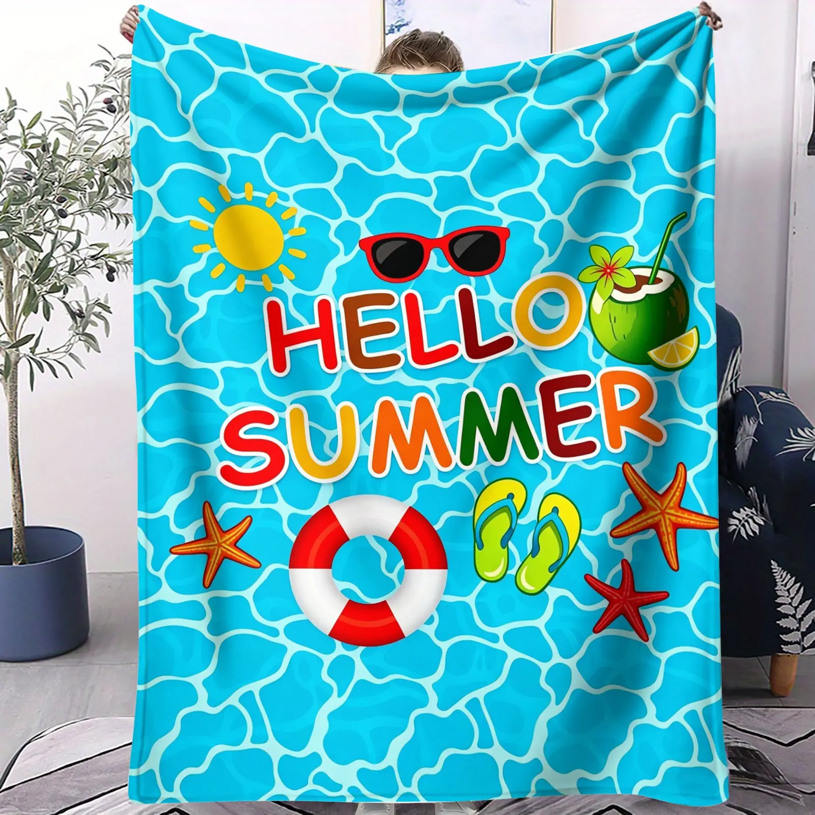 Hello Summer Flannel Throw Blanket,Sea Cute Starfishes Ocean Bed Blanket,Coconut Sun Hawaii Coral Sofa Decor,Colorful Blue Fuzzy Blanket