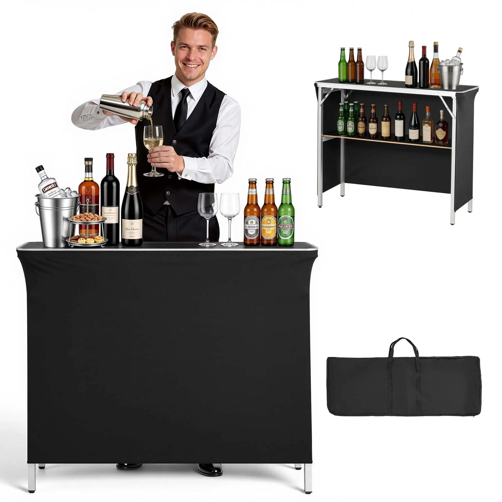 【SummerFinds】VEVOR Folding Portable Bar Table, 43.3 x 15.2 x 34.8 in, with Carry Bag, Storage Shelf, and Detachable Skirt, Quick and Easy Setup, Foldable Mobile Bartending Station for Events, Party, Tradeshow