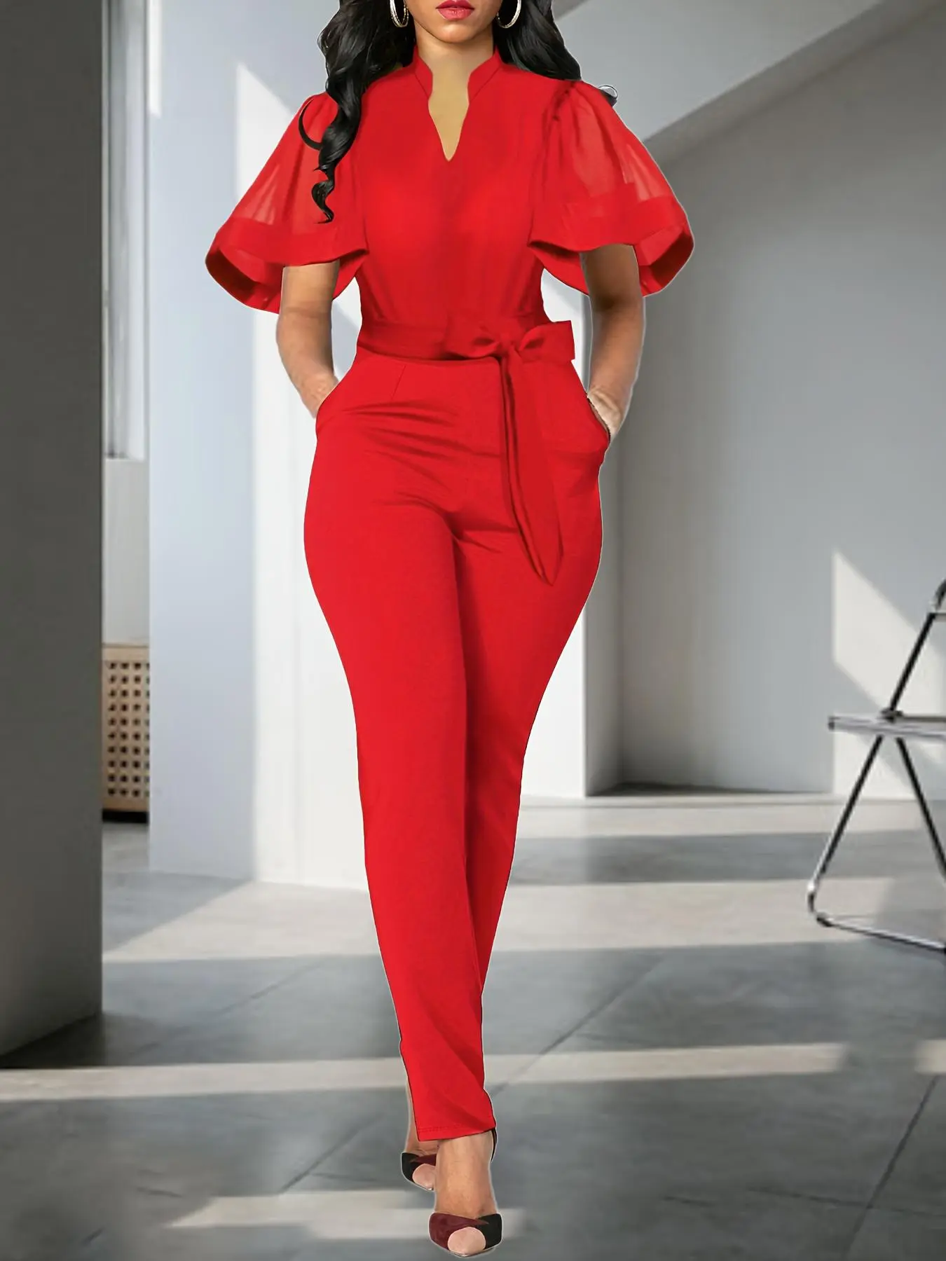 Women's Plain Ruffle Trim Notched Neck Belted Fitted Everyday Elastic Waist Jumpsuit, Elegant Chic Butterfly Sleeve Zipper Jumpsuit for Work Office Business, Ladies Spring & Fall Clothes