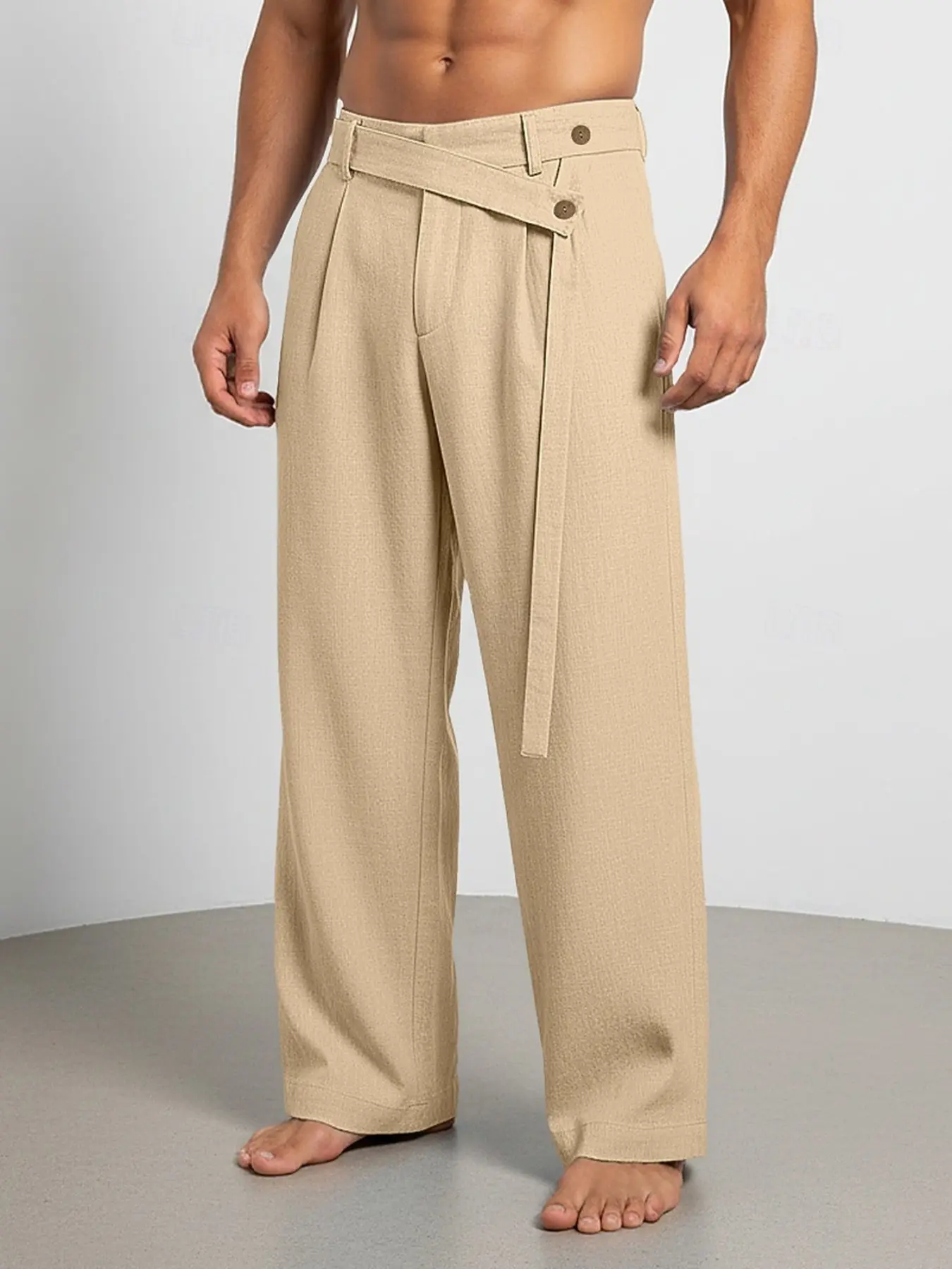 Men's Casual Wide-Leg Pants, Light Blue British Style, Dual Button Waistband, Belted Design, Breathable Textured Fabric, Casual Minimalist Pants
