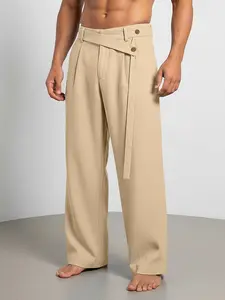 Men's Wide-Leg Pants, Light Blue British Style, Dual Button Waistband, Belted Design, Breathable Textured Fabric, Casual Loose Pants, Casual Fashion Trousers, Casual Relaxed Fit, Casual Fashion Bottoms