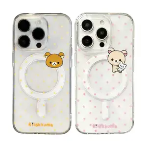 Cute Y2K Cartoon Rilakkuma Bright Polka Dots Lovely INS Magsafe Phone Cases For iPhone 17 16 15 14 13 12 11 Promax Pro Air Plus Wireless Charging Transparent Shockproof Cover Protection Gifts For Christmas Halloween Birthday