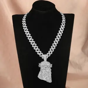 Men Women Hip-hop Punk Jesus Pendant Necklace Stylish Iced Out Full Inlaid Diamonds Cuban Chain+ Large Pendant Jewelry Gift