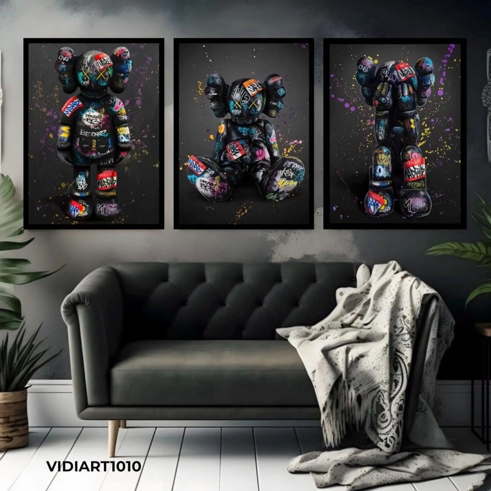KAWS Black 3 Set Poster Print Unframed Art, Hypebeast Graffiti Decor, Home Office Art