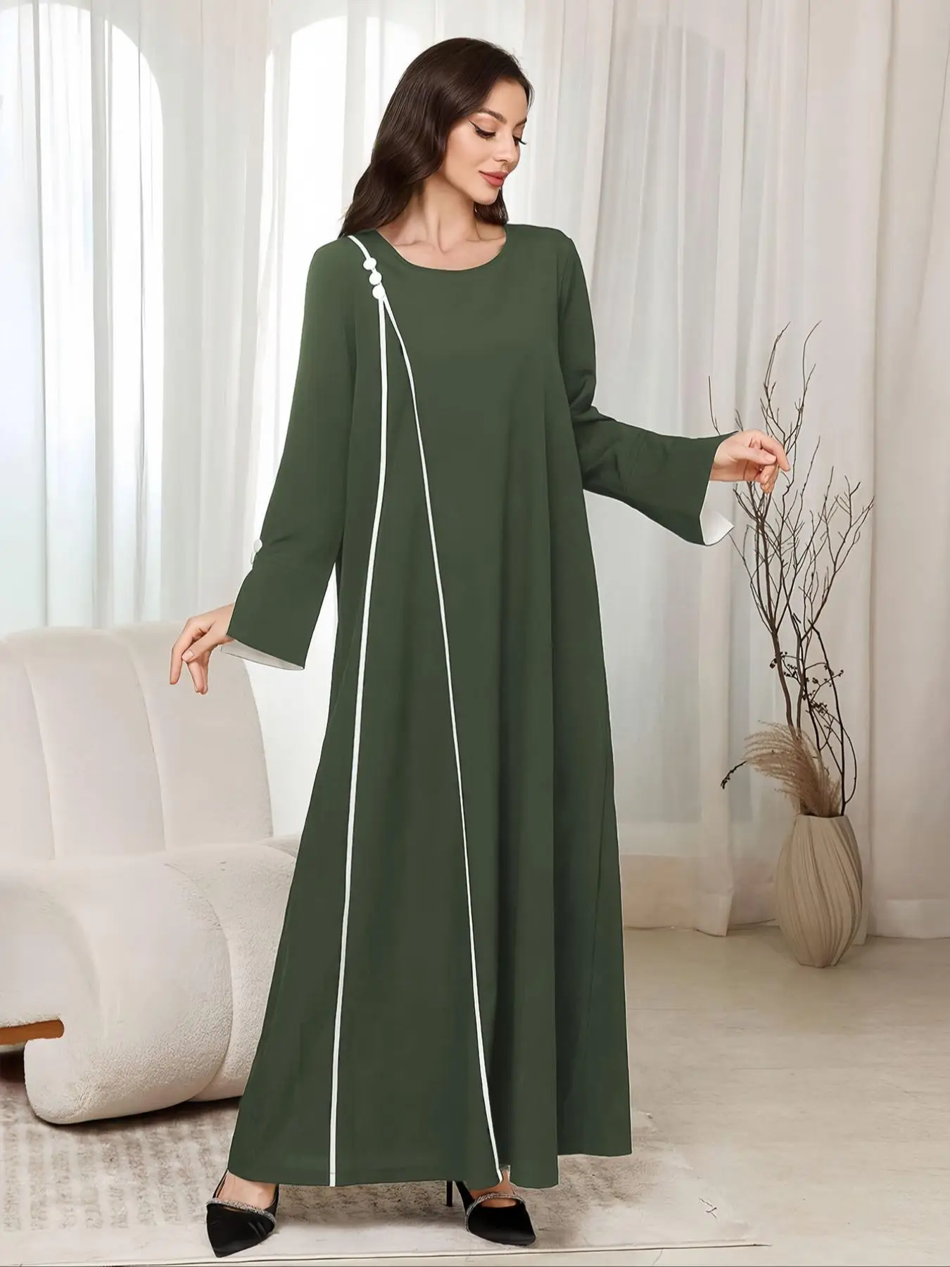 Elegant Button Design Cover-Up with Slit Sleeves, Suitable for Middle East Seasons, Back Zipper for Easy Wear