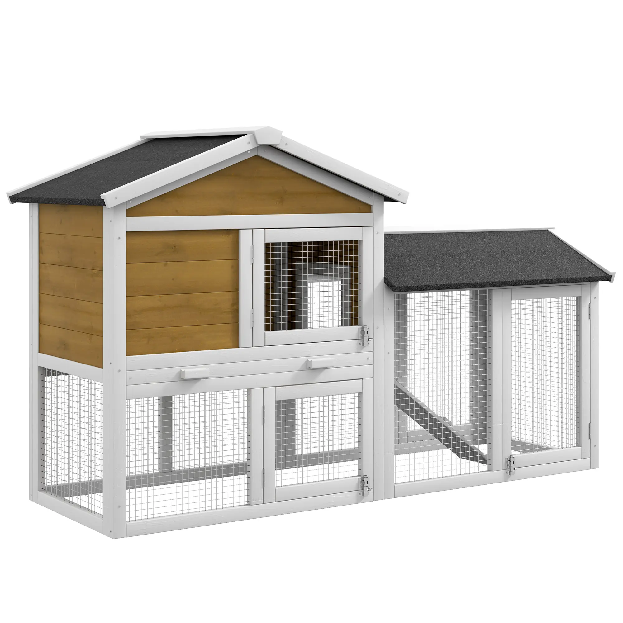 Solid Wooden Rabbit Hutch - 27.25"l x 17.25"w x 19.75"h All-Seasons Small Animal Enclosure for Bunny, Hamster, Guinea Pig with Detachable Tray, Asphalt Roof, Lockable Doors, Ramp, and Run Area