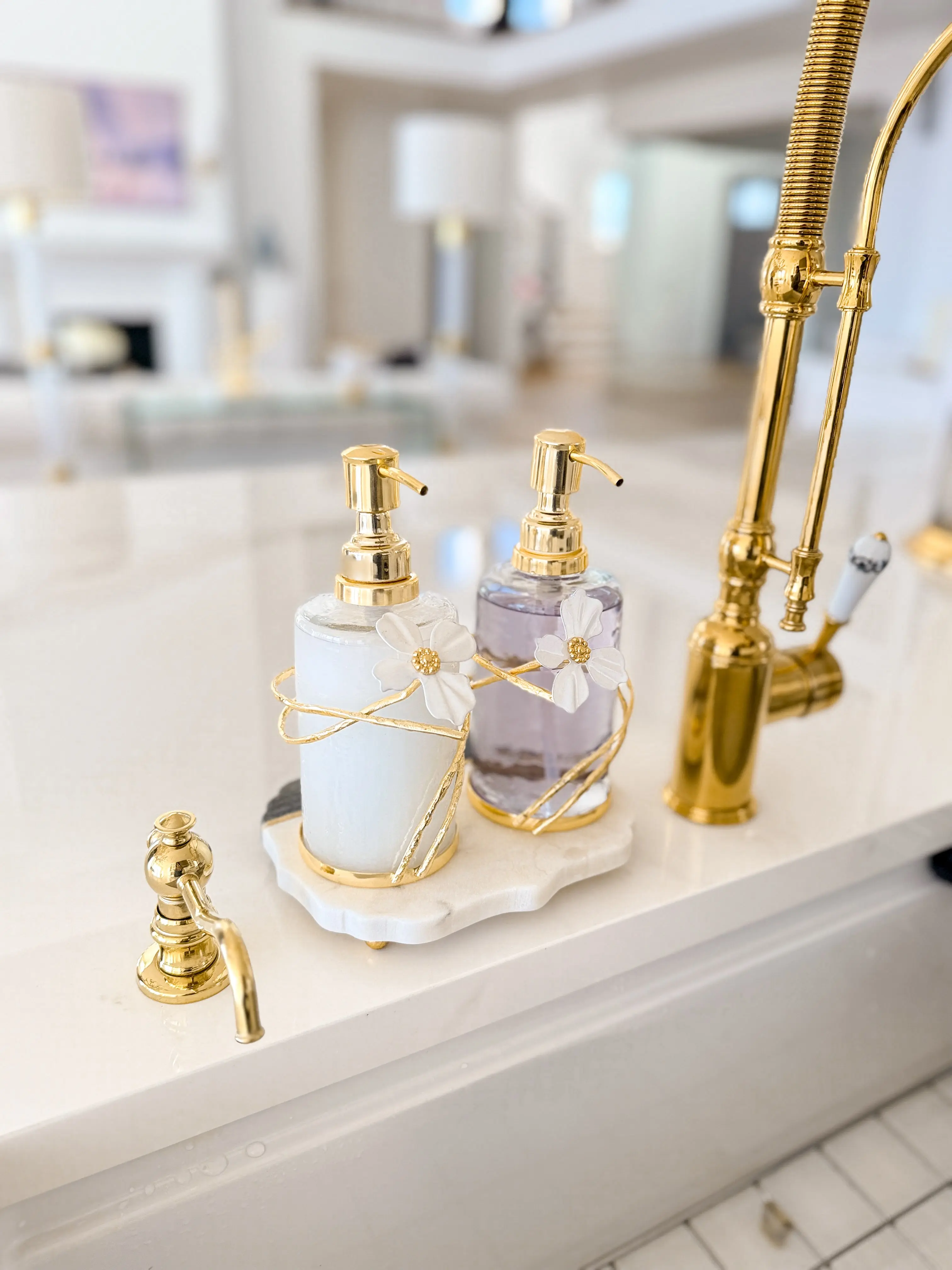 Gold with White Jasmine Flower Soap Dispenser (Set of 2)