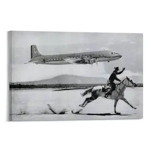 Vintage American Airlines plane and cowboy on horseback black and white photo print mid century aviation western wall art poster decor