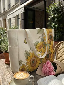 Sunflower Pattern 2D Printed Travel Bag, Large Capacity Storage Bag, Durable Multi-Pocket Design, Zipper Closure, Casual Style, Travel Duffel Bag