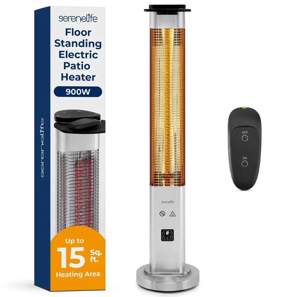 New 900W Radiant Heat Outdoor Electric Patio Heater for Outdoor Users - Aluminum Alloy Reflector, Waterproof, Stainless Steel Components, Tip-Over Safe, 9" Diameter Base, Standard Plug, Cap, Allen Key, Display, AAA Batteries Compatible, Reflective