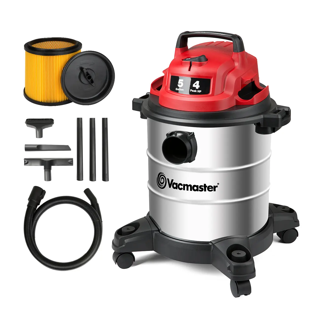 VacMaster VOC508S 1101 Wet-Dry Vacuum Cleaner - 5 Gal Stainless Steel Tank, 4 Peak HP Motor, 960W, 1-1/4 in Onboard Hose, Sturdy Build, Blower Function, Tool Storage, Ergonomic Handle, Multi-Surface Cleaning, Flat Powerhead, US Plug, Vacuum Accessories