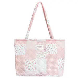 Cute Floral Small Quilted Tote Bags Zipper Shoulder Bag for Women