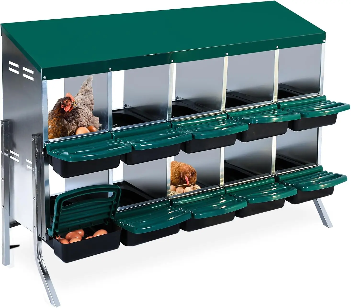 10-Hole Galvanized Steel Chicken Cage - Raised Coop with Stand, Detachable Cleaning Tray, Egg-Collecting Function, Ventilated Design, Year-Round Use, Detachable Section & Wire Enclosure for Hens (Farm Animal Poultry Supplies)