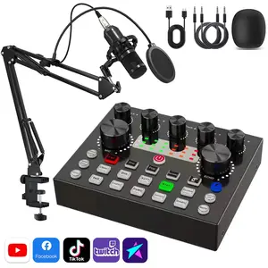 V8S Sound Card Set Audio Interface DJ Mixer Voice Changer with BM-800 Condenser Microphone Bundle, Professional Podcast Equipment for Live Streaming, Recording, Singing, Gaming, Home KTV, YouTube TikTok