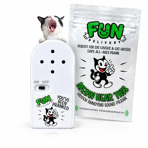 Meow Hear This Cat Noise Maker Prank by FUN Delivery – Hidden Meowing Sound Device, Small Slim Office Prank, Funny Gag Gift for Adults, Coworkers & Cat Lovers, April Fools & White Elephant