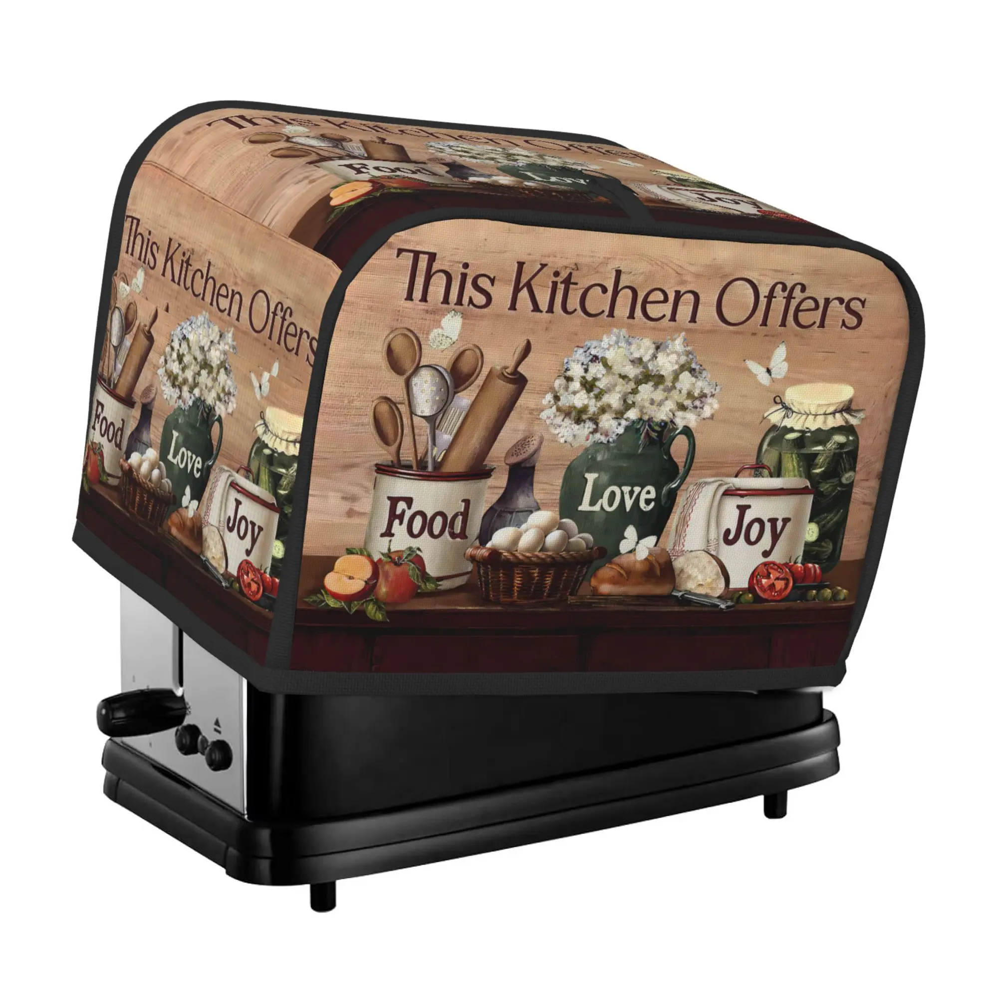Classic 2-Slice Toaster Cover, Food Love and Happiness Theme Polyester Foldable Dustproof All-Purpose Cover for Small Kitchen Appliances, Kitchen Decor, Stylish Table Home Decor, Gift for Food Lovers
