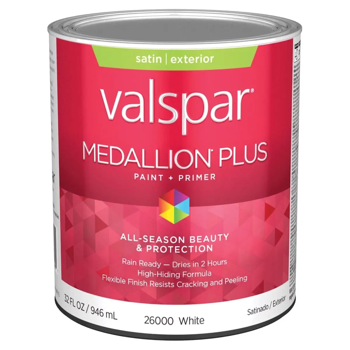 Valspar 028.0026000.005 1 Qt Medallion Plus Acrylic Latex House Trim Paint + Primer, Mildew-Resistant, Weather-Resistant, Satin, White, Rain Ready, Easy Cleanup, Prevents Cracking & Peeling