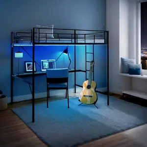 summervibes Black Full Round Tube Loft Bed with Table Socket and LED Light Strip for Modern Bedroom Design