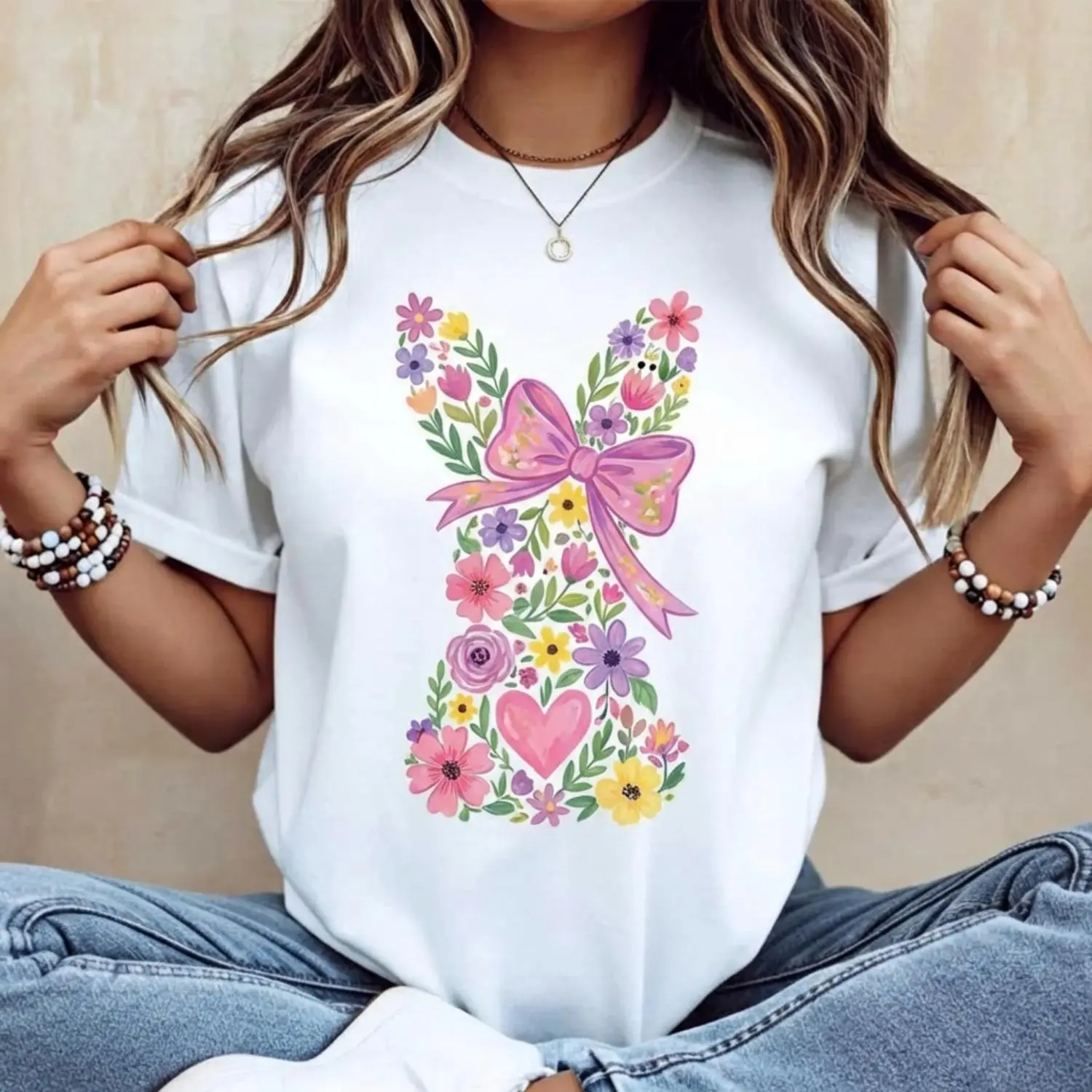 Women Casual Round Neck Short Sleeve T shirt Featuring Easter Bunny With Pink Bow And Colorful Swirl Print Perfect For Spring Festival And Holiday Celebrations