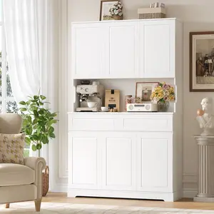 FOTOSOK 74'' Pantry Cabinet, Wood Kitchen Pantry with Microwave Shelf and Adjustable Shelves, Tall Kitchen Hutch with 6 Doors and 2 Drawers