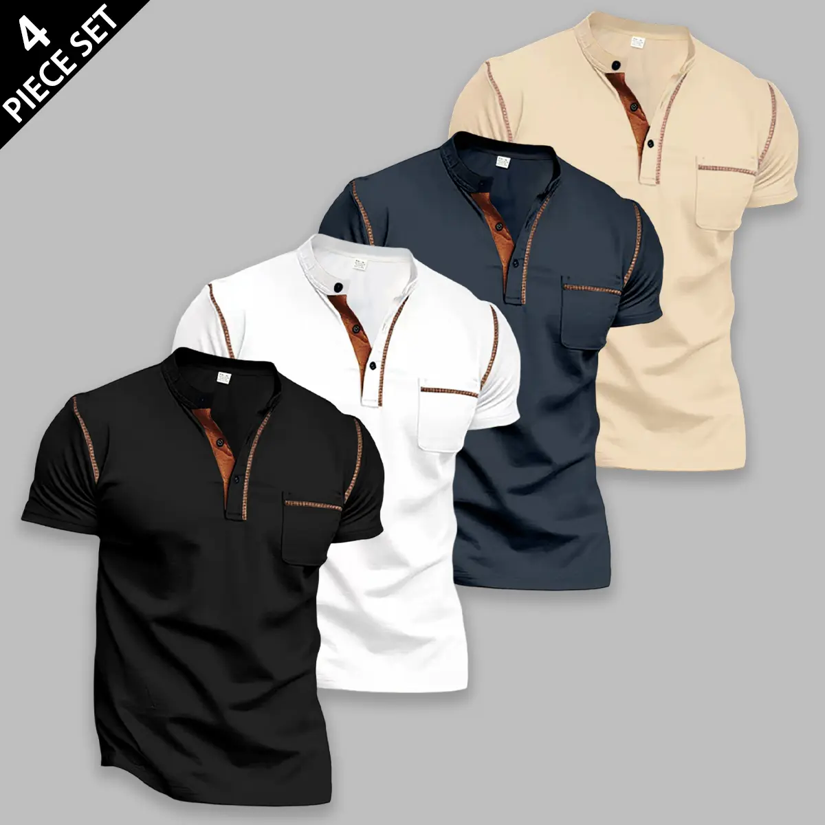 Men's 4-Pack Henley Neck Short Sleeve T-Shirts, Contrast Stitch Detail with Chest Pocket, Slim Fit Casual Tees, Breathable & Comfortable Fabric, Perfect for Daily Wear, Street Style, Casual Outings, Lounging and All-Day Comfort Menswear Polo Plain, Street