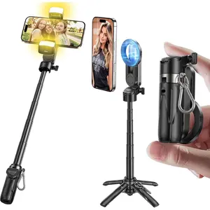 Phone Tripod with 2 Selfie Light, Portable Pocket Size Selfie Stick for iPhone Magsafe, Selfie Stick with Wireless Detachable Remote Control for Photograph, Live Streaming, Video Recording