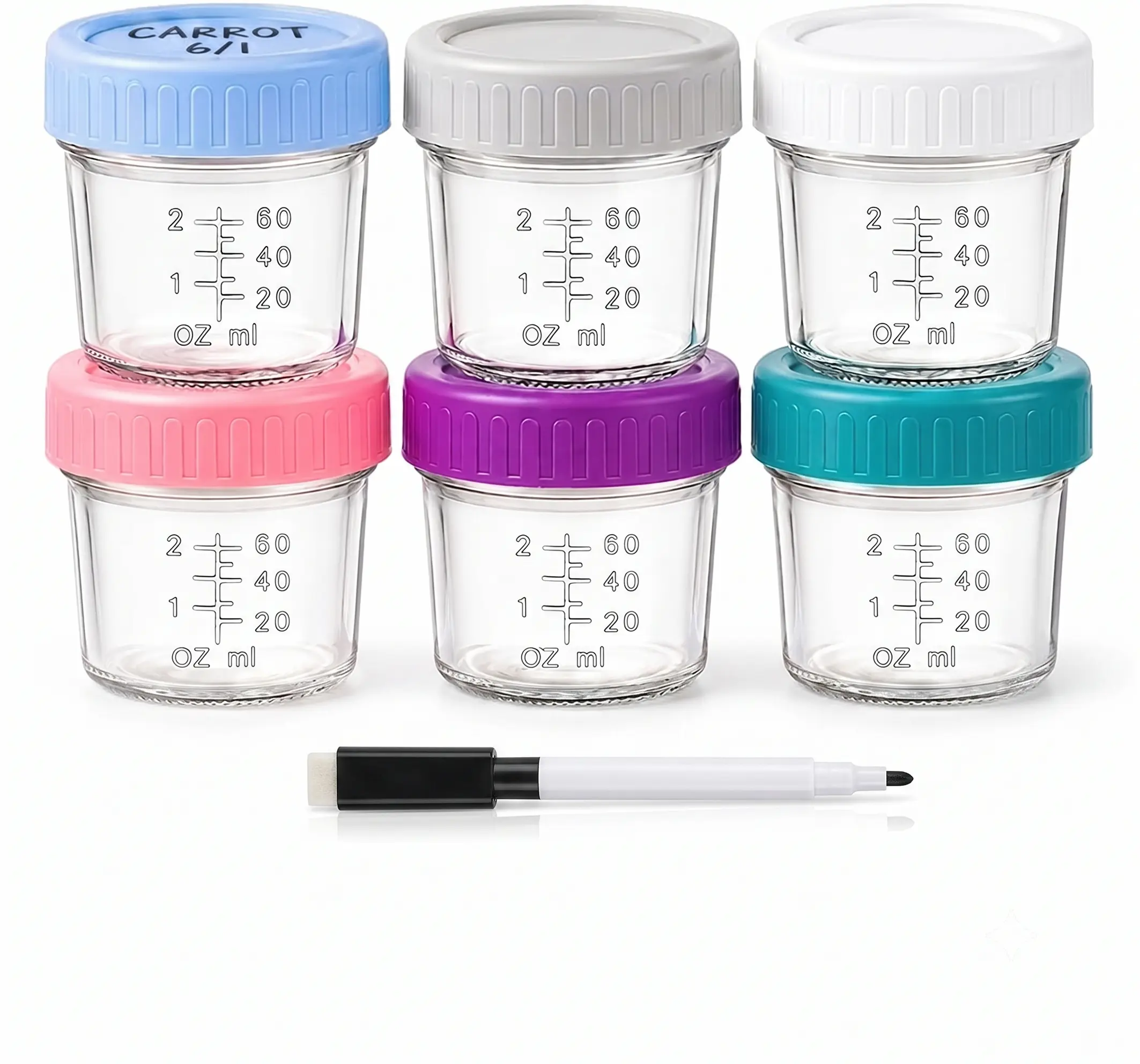 QUSEVOO 6-Pack 4 oz Glass Food Storage Jars - Detachable Lid, Microwaveable Cup, BPA-Free Plastic Bases, Reusable Marker, Stackable, Freezer-Safe, Compact Reusable, Multi-Color Identification, Detachable Lid Jars, Microwaveable Cup Jars