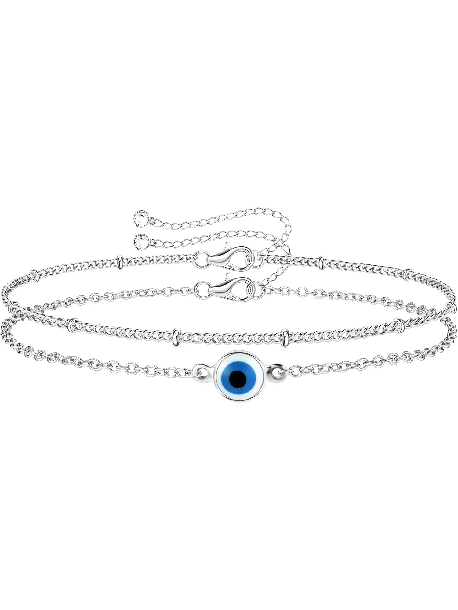 2 Pcs Silver Chain Fashion Wrist Jewelry Bracelets for Women Girls 925 Sterling Silver Diamond-Cut Square Chain Women Bracelet Adjustable Layered Evil Eye Infinity Paperclip Satellite Beads Bracelets Jewellery Gift