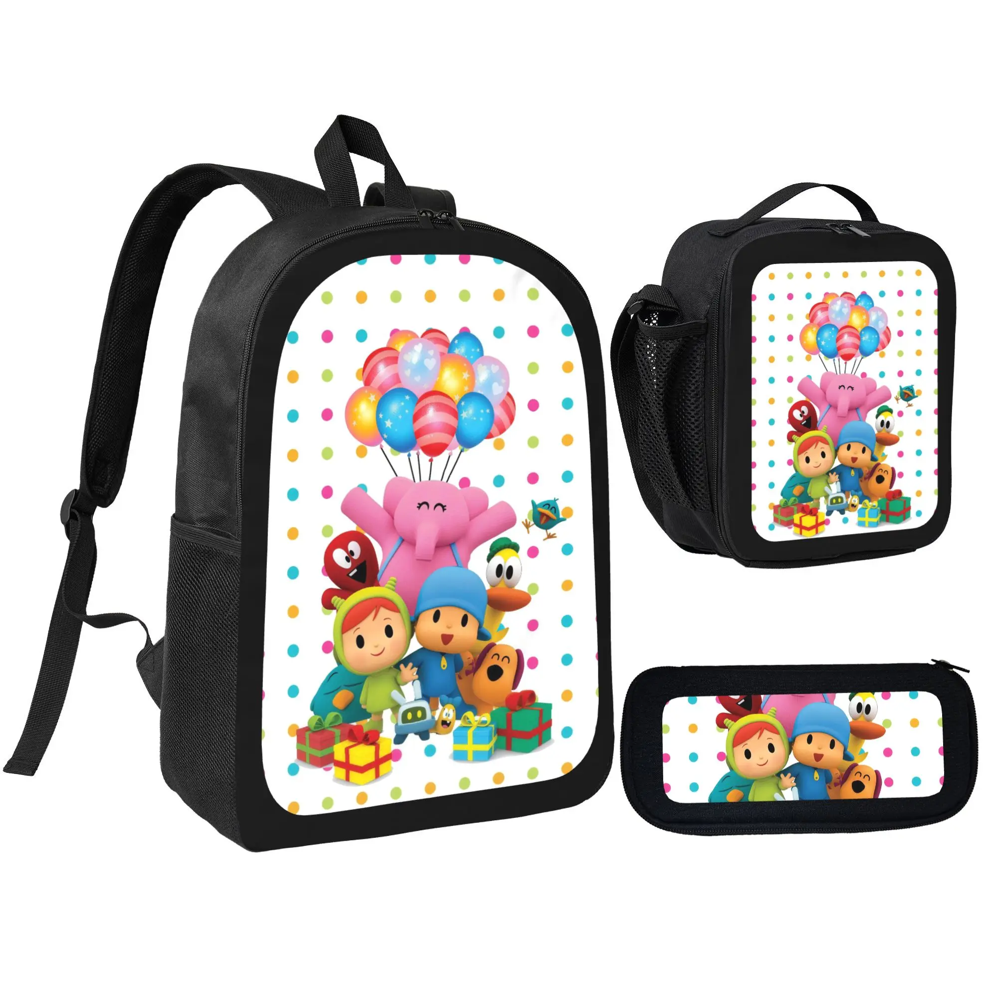 Cute Backpack for Kids - Pocoyo Cartoon Character 3-Piece Pattern Backpack Set, Synthetic Polyester Unisex/Female High-Capacity Casual School Bag with Insulated Lunch Box, Pencil Case, Adjustable Straps & Built-In Organizer (Do Not Dry Clean)
