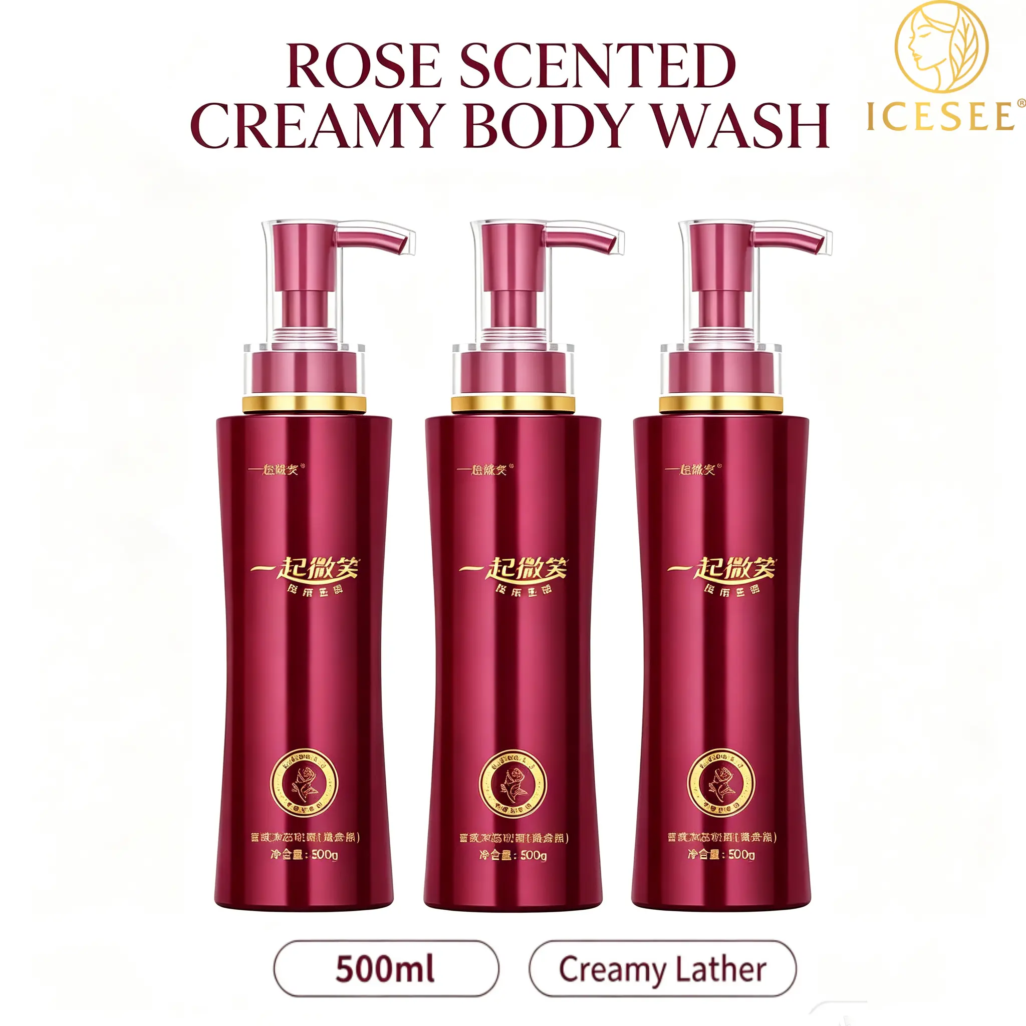 ICESEE Rose Scented Creamy Body Wash Rich Foaming Hydrating Daily Body Cleanser Long Lasting Fragrance Shower Gel 500ml Set for All Skin Types