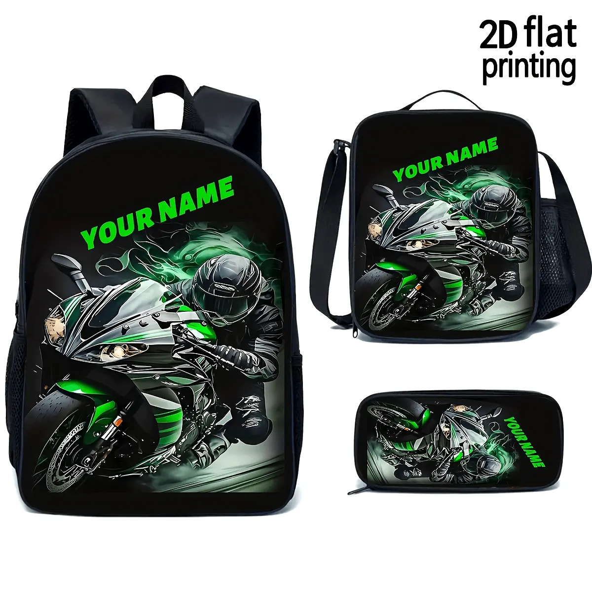 Custom Name Green Sport Bike 3-Piece Oxford Cloth Set - Adjustable Padded Shoulder Straps Backpack, Top Handle, Personalized Motorcycle Print Lunch Bag, Pencil Case for Campus Life & Kids Riders, 3Pcs Set, Backpacks For School, Rider Vibe