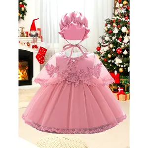 1pc Girls Elegant Lace Dress for Special Occasions, Polyester A-line Knee-length Gown, Round Regular Sleeves, Cute Solid Color Party Dress with Belt for Infants and Toddlers