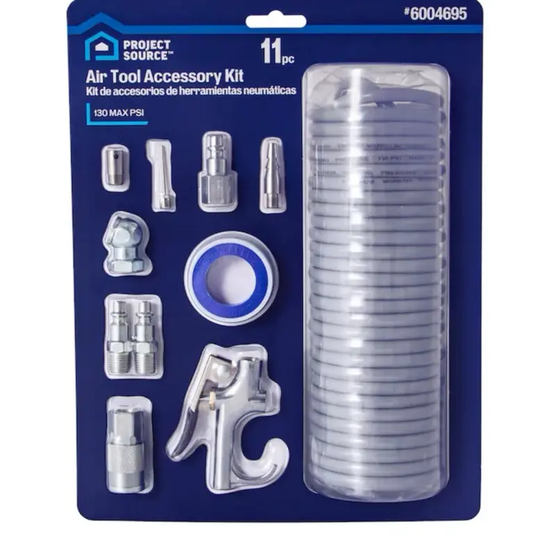Project Source 6004695 11-Piece Air Tool Accessory Kit with Blow Gun, Tapered Nozzle, Inflation Needle, Safety Nozzle, and 1/4-in NPT Coupler Compressor Heavy Duty Hardware Home