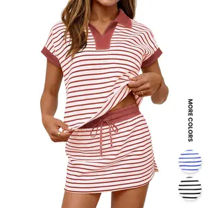 Renaishow Womens Striped 2 Piece Outfits Casual Sweatshirt Skirt Set Short Sleeve Skort Workout Set Matching Lounge Sets
