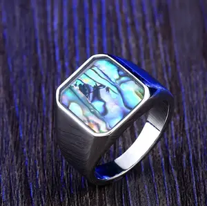 Men's Quality Stainless Steel Natural Abalone Shell Polished Signet Ring (Size 7-13)