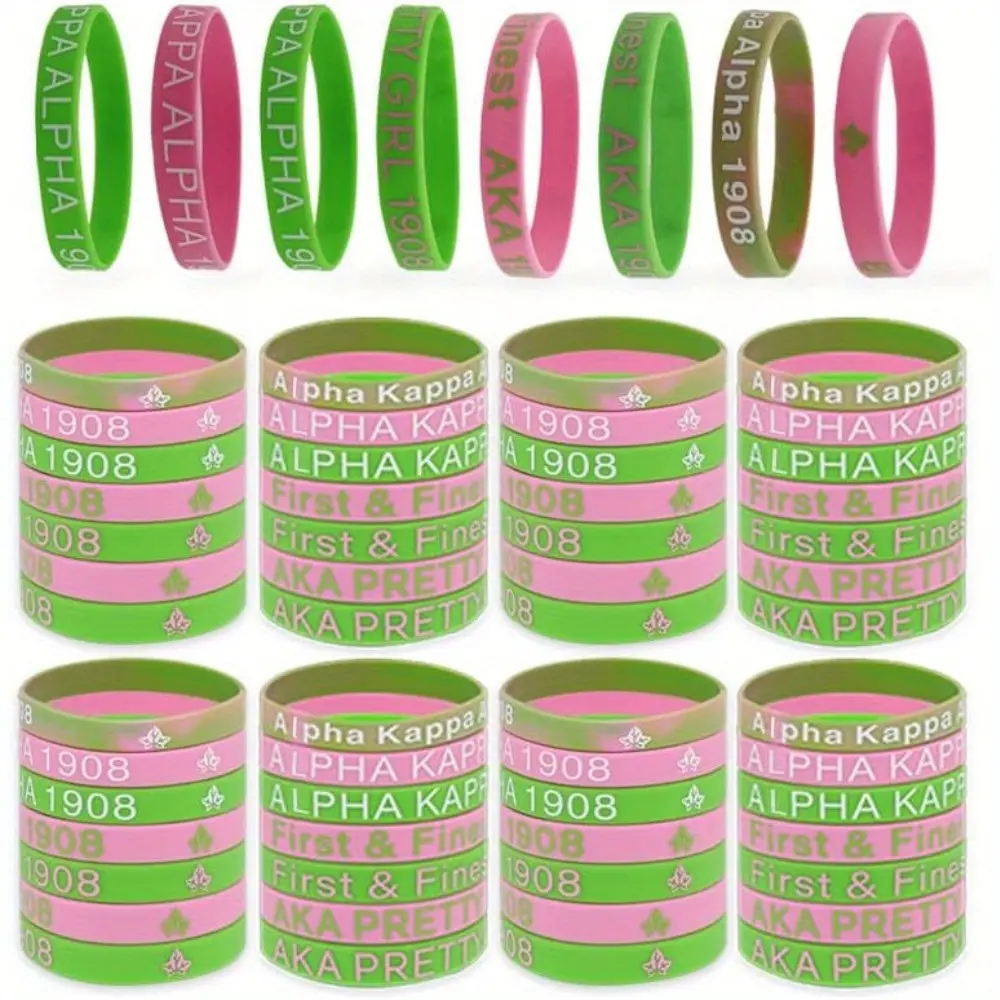 56 Pieces AKA Bracelet - AKA Sorority Gifts For Women - AKA Gadgets For Alpha Kappa Alpha - AKA Silicone Bracelet Charms Paraphernalia Wristbands - Salmon Pink And Apple Green