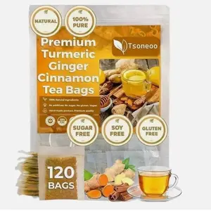Tsoneoo Premium Turmeric Ginger Cinnamon Multi-Flavor Herbal Tea Bags, 120-Count Non-GMO Packaged Ginger Herbal Tea, 100% Natural Thailand-Origin, Caffeine-Free, No Sugar Soy Gluten Additives, Large Supply