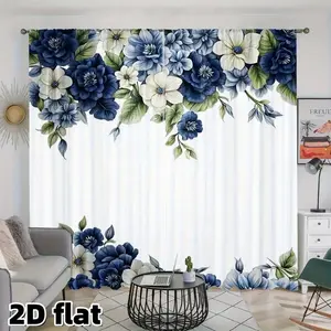 2D plane, 2 pieces, Home decoration curtain, blue and white flower pattern curtains, natural garden pattern, pole mouth design, semi-shading to protect privacy, suitable for home decoration, Christmas decoration