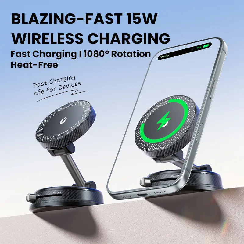 Magnetic Wireless Charger Car Phone Holder - 360° Adjustable, Foldable, Powerful Suction, Stable Noiseless Car Interior Accessory with Dashboard Adhesive for iPhone 12-17 Pro Max, Android, Phone Accessories, iPhone Charger, Car Accessories, Vehicle