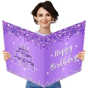 Jumbo Birthday Card with Envelope, Giant Guest Book Happy Birthday Greeting Cards for Women, Large Birthday Card Gifts Party Supplies, Purple Silver Extra Big Birthday Card Decor