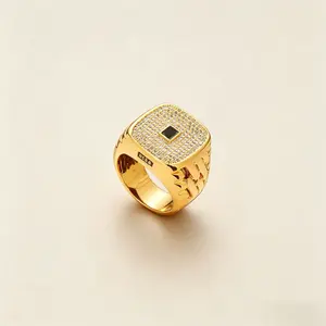 14K gold-plated Cuban oval ring with diamonds on the surface, three-dimensional geometric design, all-match rings for men and women, retro street style fashion items