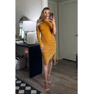 Velvet Crush One Shoulder Midi Dress: Mustard