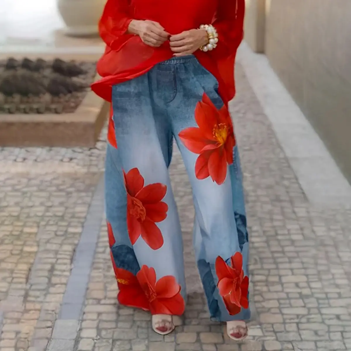 UOOZEE Women's Lady Polyester Pants - Loose Mid-Waist Floral Faux Denim Flare Bottoms, Casual Comfort Fit, Front Pockets, Mock Back Pockets, Machine Washable, Thanksgiving Streetwear, Fabric, Trouser, Wide Leg, Printed, Style, Valentines Day, Patterned Pa