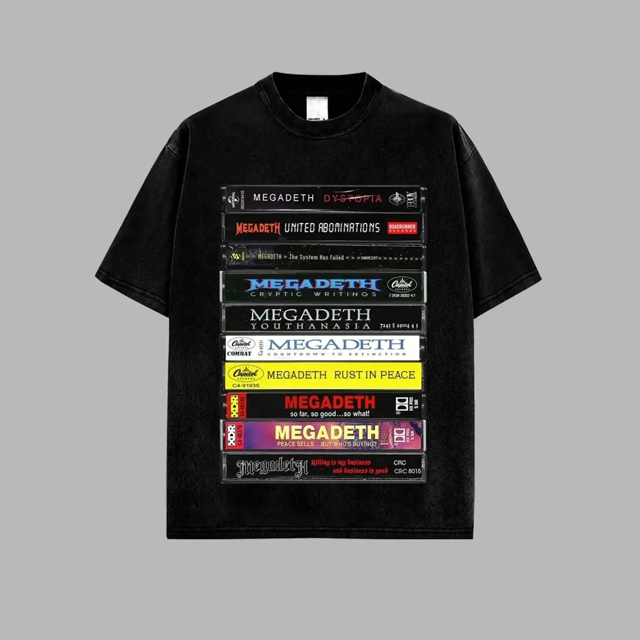 Megadeth Albums Cassette Retro Unisex 100% Heavyweight Cotton T-Shirt – KILLING ROAD World Tour Rock Thrash Metal Cotton Tee, Heavy Metal Rock Band Shirt, Oversized Vintage Tee, Heavy Metal Merch, Gift for Rock Fans NSJ